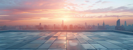Stunning cityscape sunset from a rooftop. Amazing panorama view.の写真素材