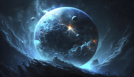 A frozen planet, a cosmic storm, a celestial spectacle. Digital art depicting a dramatic, otherworldly scene.の写真素材