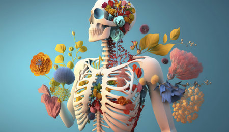 A 3D rendering of a skeleton adorned with vibrant flowers. Surreal art depicting the beauty of life and death.の写真素材
