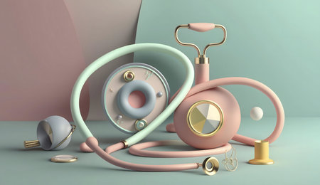 Playful pastel colored 3D render of abstract geometric shapes.の写真素材