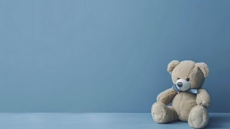 A light beige teddy bear sits on a blue background. It's a simple, calming image.の写真素材