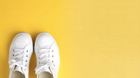 Pair of white canvas sneakers on yellow background. Simple and stylish fashion image.の写真素材