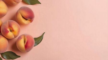 A vibrant arrangement of ripe peaches and leaves on a soft pink backdrop. The image evokes a feeling of freshness and summer.の写真素材