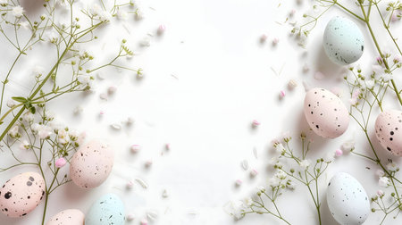 Pastel colored Easter eggs decorated with delicate white flowers on a white background. Perfect for...