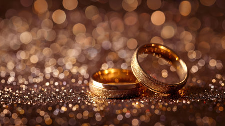 Two golden wedding rings rest on a sparkling background, symbolizing love and commitment.の写真素材