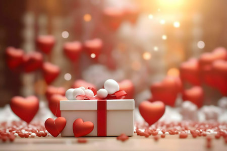 A white gift box with a red ribbon sits among red hearts, perfect for Valentine's Day.の写真素材