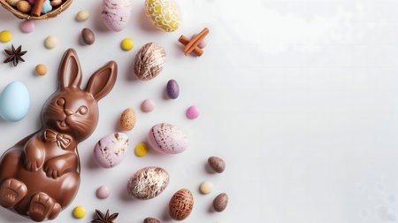A delightful Easter scene featuring a chocolate bunny surrounded by pastel eggs and colorful candies.の写真素材