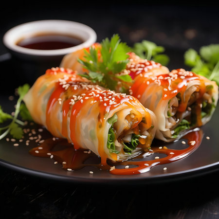 Three spring rolls on a plate with sesame seeds and spicy sauce.の写真素材