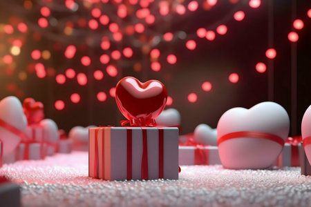 A red heart sits atop a gift box surrounded by other presents and twinkling lights, setting a romantic Valentine's Day mood.の写真素材