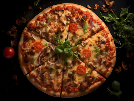 A mouthwatering pizza topped with mushrooms, chicken, and fresh herbs.の写真素材