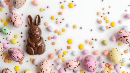 A delightful Easter scene featuring a chocolate bunny surrounded by pastel-colored eggs and candy.の写真素材