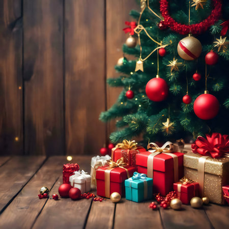 Christmas gifts under a decorated tree. Festive seasonの写真素材