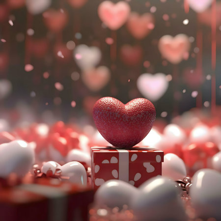 A large red heart sits atop a gift box, surrounded by smaller hearts and gifts. A romantic Valentine's Day scene.の写真素材