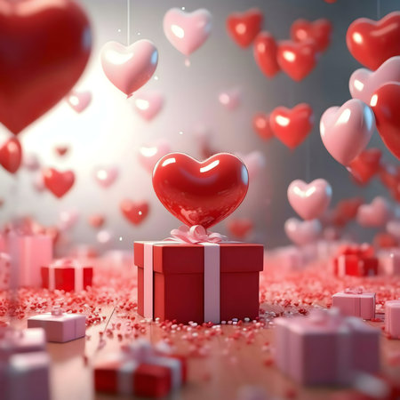 A red heart-shaped balloon sits atop a red gift box surrounded by floating pink and red heart balloons. A perfect Valentine's Day image.の写真素材