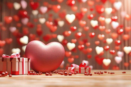 A pink heart and gifts on wooden surface, with blurred heart background for Valentinesの写真素材