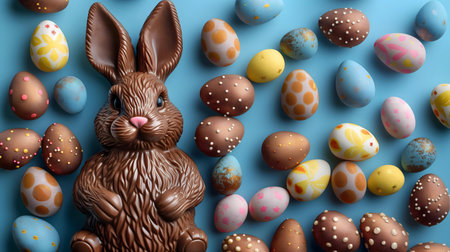 A delightful image of a chocolate Easter bunny amidst a scattering of beautifully decorated Easter...