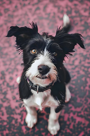 A charming black and white puppy sits and looks up, showing its adorable features and playful...