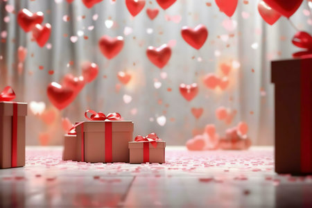 A Valentine's Day scene with gift boxes and floating hearts.の写真素材