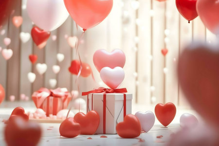 A heartwarming image of a Valentine's Day gift surrounded by heart-shaped balloons and confetti. Perfect for a romantic celebration.の写真素材
