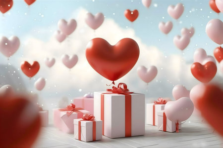 A lovely Valentine's scene featuring red and pink heart-shaped balloons and gifts. Perfect for romantic celebrations.の写真素材