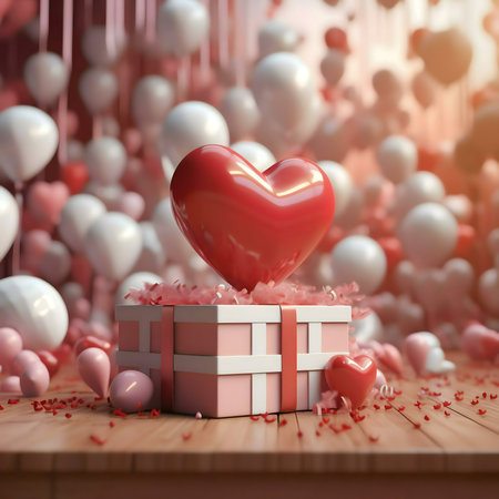 A red heart sits atop a pink gift box surrounded by pink and white balloons, symbolizing love and Valentine's Day.の写真素材