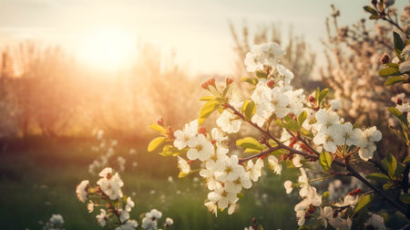 White blossoms bathed in the warm glow of the setting sun. A serene springtime scene.の写真素材