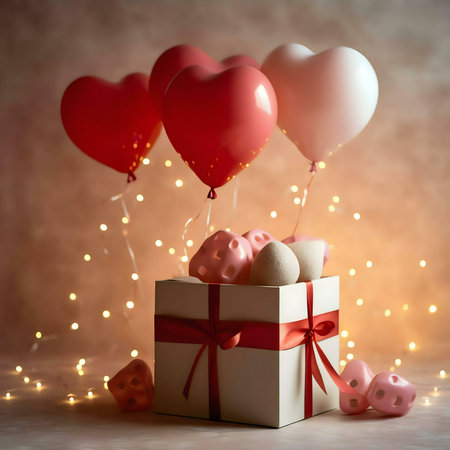 A white gift box filled with lovely items, tied with a red ribbon, surrounded by heart-shaped balloons and fairy lights for Valentine's Day.の写真素材