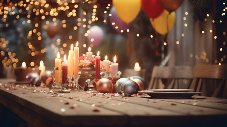A romantic candlelit dinner setting, adorned with festive decorations and warm lighting, creating a...