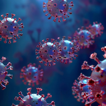 Close-up view of multiple coronavirus particles. Illustrative image.