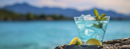 A vibrant cocktail with ice and lime sits on rocks overlooking a picturesque turquoise sea and mountains.の写真素材
