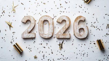 Christmas and New Year background with wooden numbers 2026 and golden confetti on a white backgroundの写真素材
