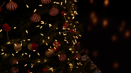 Decorated Christmas tree on blurred background with bokeh effectの写真素材