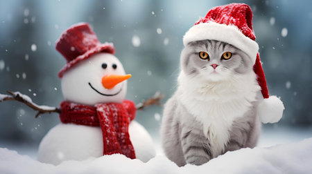 Snowman and snowman in red hats and scarves on winter backgroundの写真素材