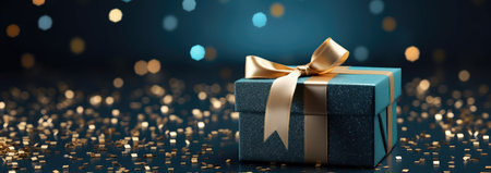 Gift box with golden bow on bokeh background. 3d rendering
