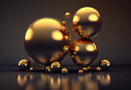 Abstract 3D rendering of golden balls on dark background with reflection.