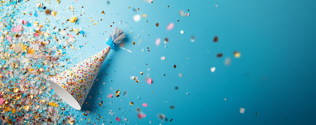 Party hat and confetti on blue background. 3d rendering.