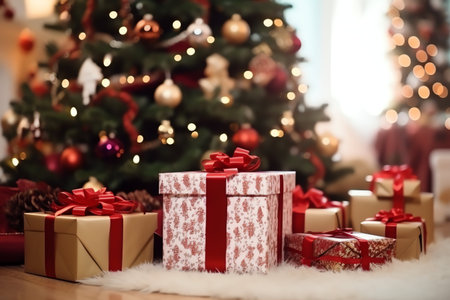 Beautiful Christmas gifts on floor in room decorated for Christmas and New Yearの写真素材