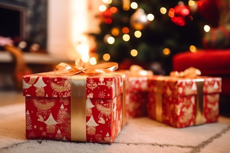 Beautiful Christmas gift boxes on carpet in living room, closeupの写真素材