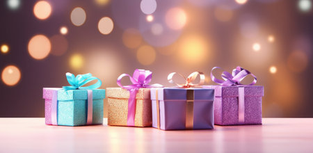 Gift boxes with ribbons on bokeh background. 3d rendering