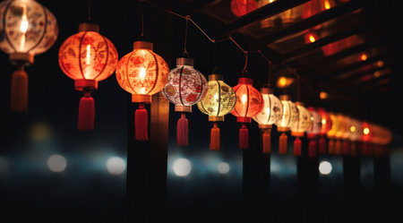 Beautiful Chinese lanterns in the night at a Chinese temple.