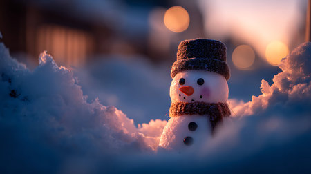 Snowman in the snow at sunset. Christmas and New Year concept.
