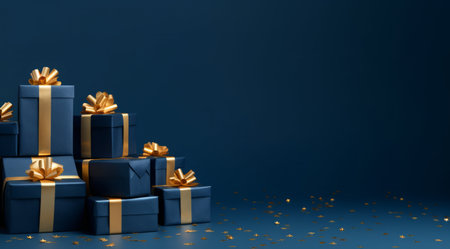 Gift boxes with gold ribbons on blue background. 3D rendering