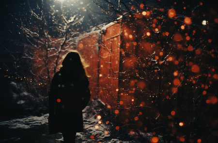 A girl in a winter coat walks through the snowy forest.の写真素材