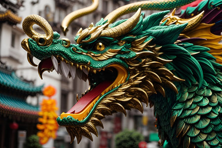Dragon statue at chinese temple in Hong Kong, China. This is a famous tourist attraction.の写真素材
