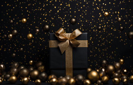 Black gift box with gold bow and golden christmas balls on black background.