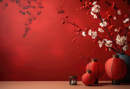Chinese new year lanterns and cherry blossom on red background.の写真素材
