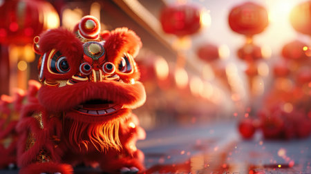 Chinese New Year Lion Dance with red lanterns and bokeh backgroundの写真素材