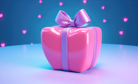 Pink gift box with bow on blue background. 3D rendering.