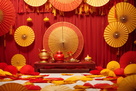 Chinese New Year Decoration with red curtains, lanterns and paper fansの写真素材