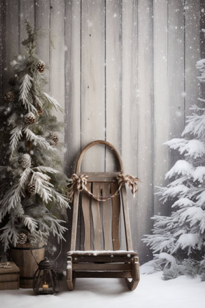 Christmas background with wooden rocking chair and Christmas tree. Vintage tonedの写真素材